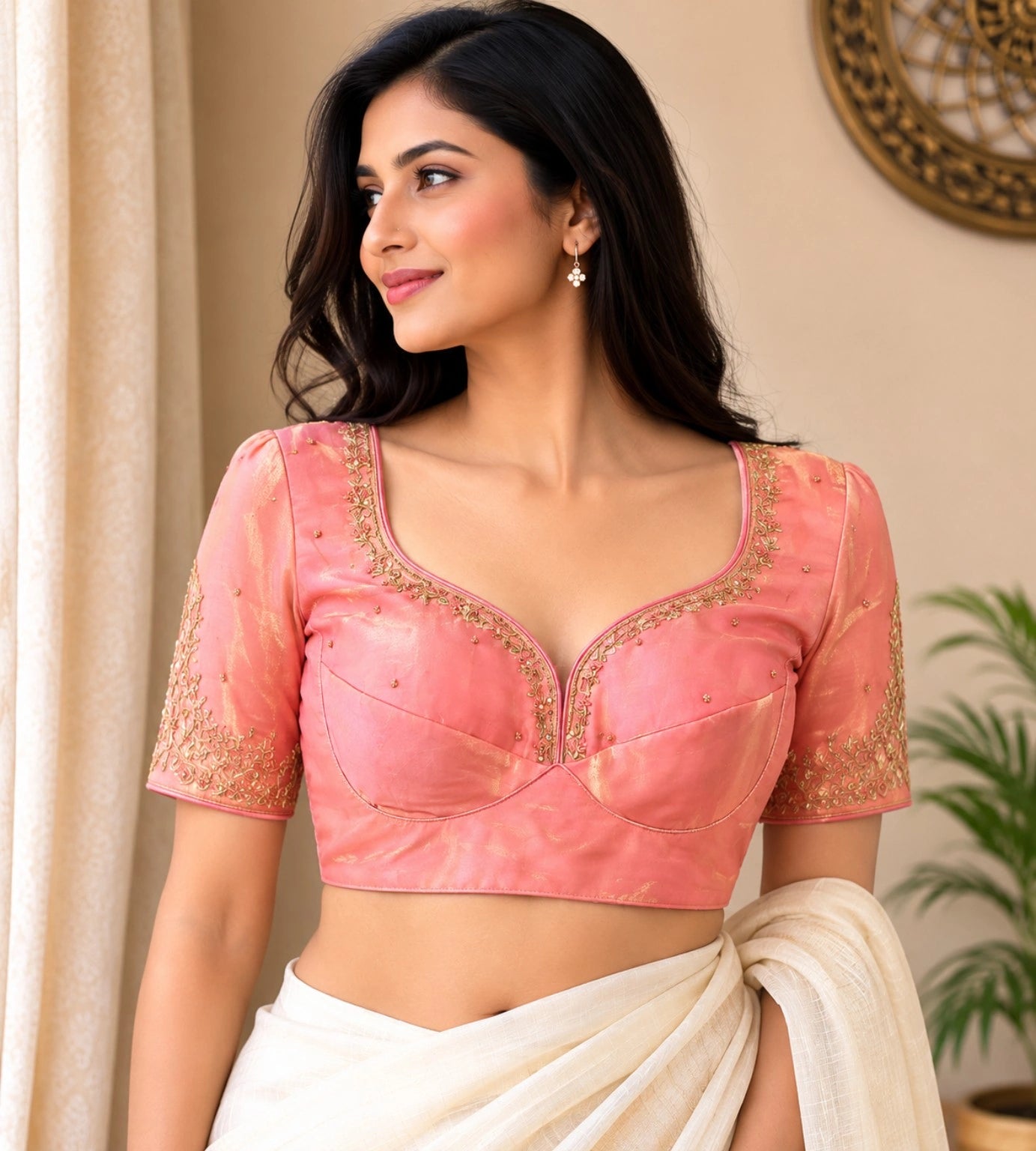 Peach Fandy Satin Zardozi Embroidered Sweetheart Neck Party Wear Blouse