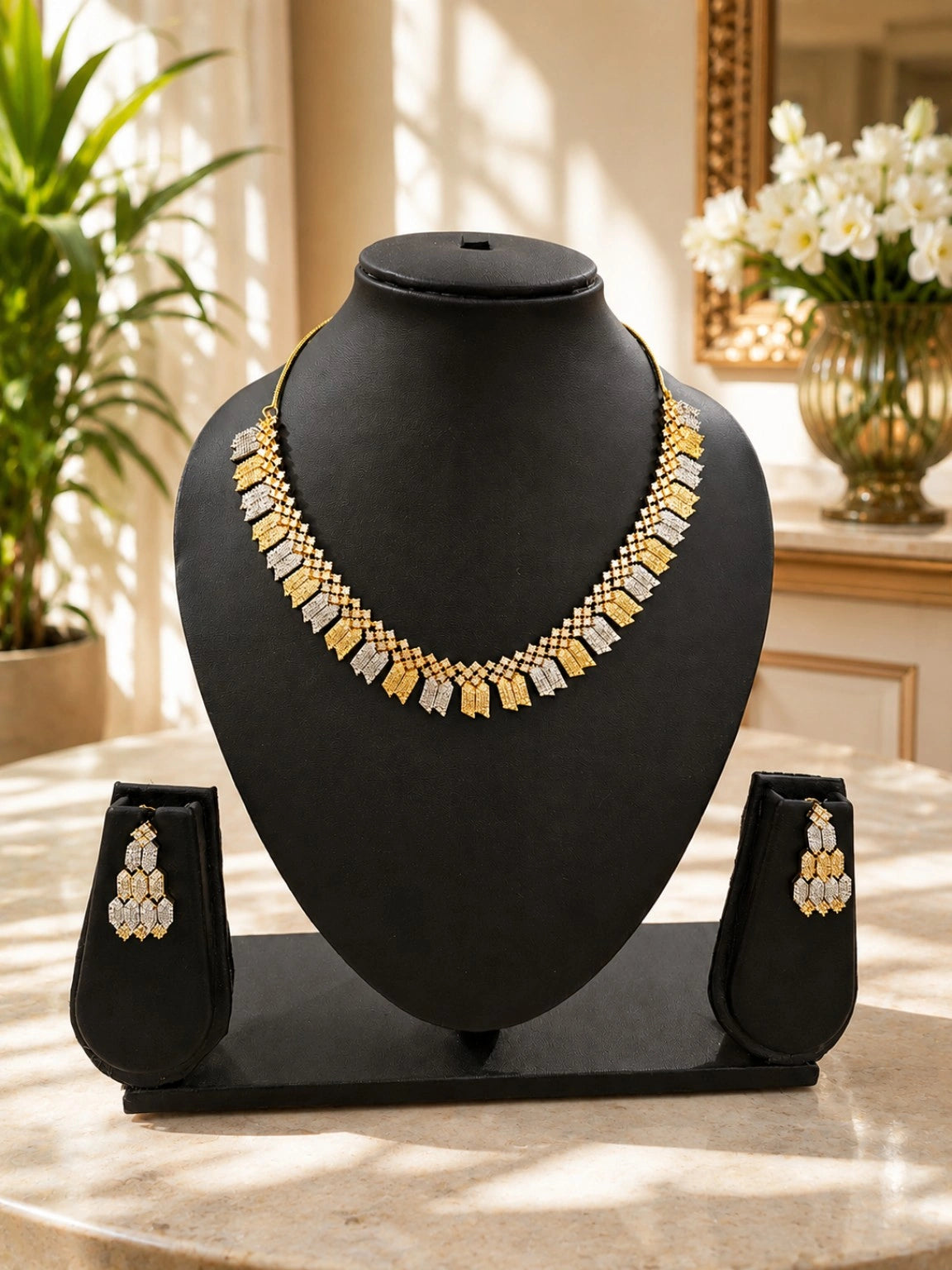 Gold-Tone & Silver-Tone Geometric Rhinestone-Style Necklace Set with Matching Drop Earrings