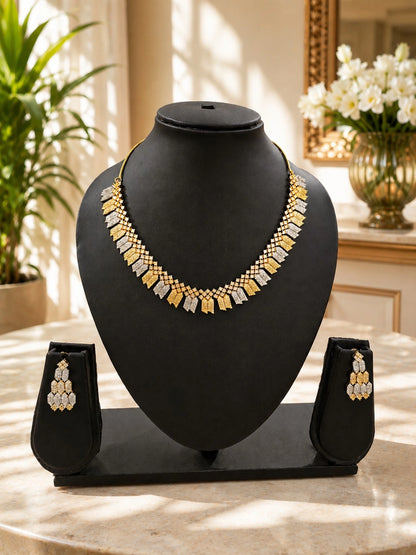 Gold-Tone & Silver-Tone Geometric Rhinestone-Style Necklace Set with Matching Drop Earrings