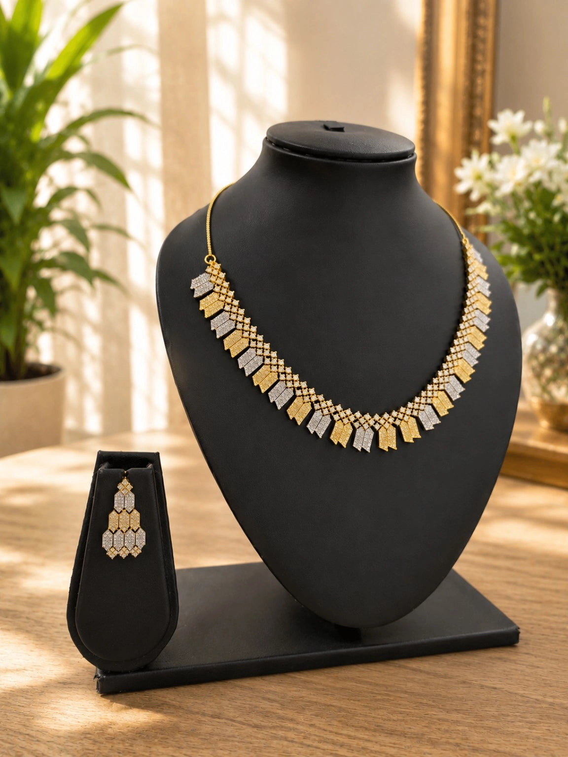 Gold-Tone & Silver-Tone Geometric Rhinestone-Style Necklace Set with Matching Drop Earrings