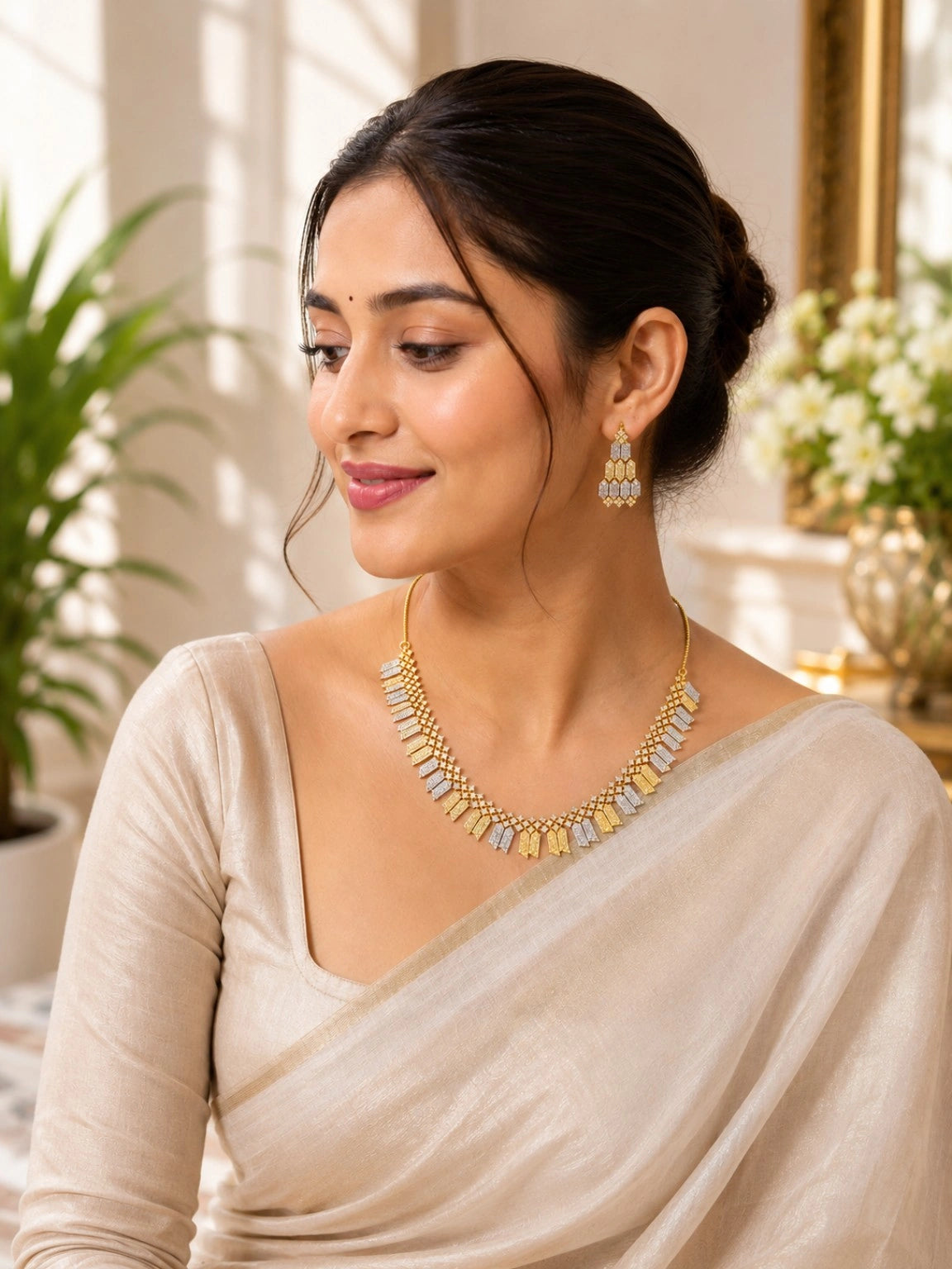 Gold-Tone & Silver-Tone Geometric Rhinestone-Style Necklace Set with Matching Drop Earrings
