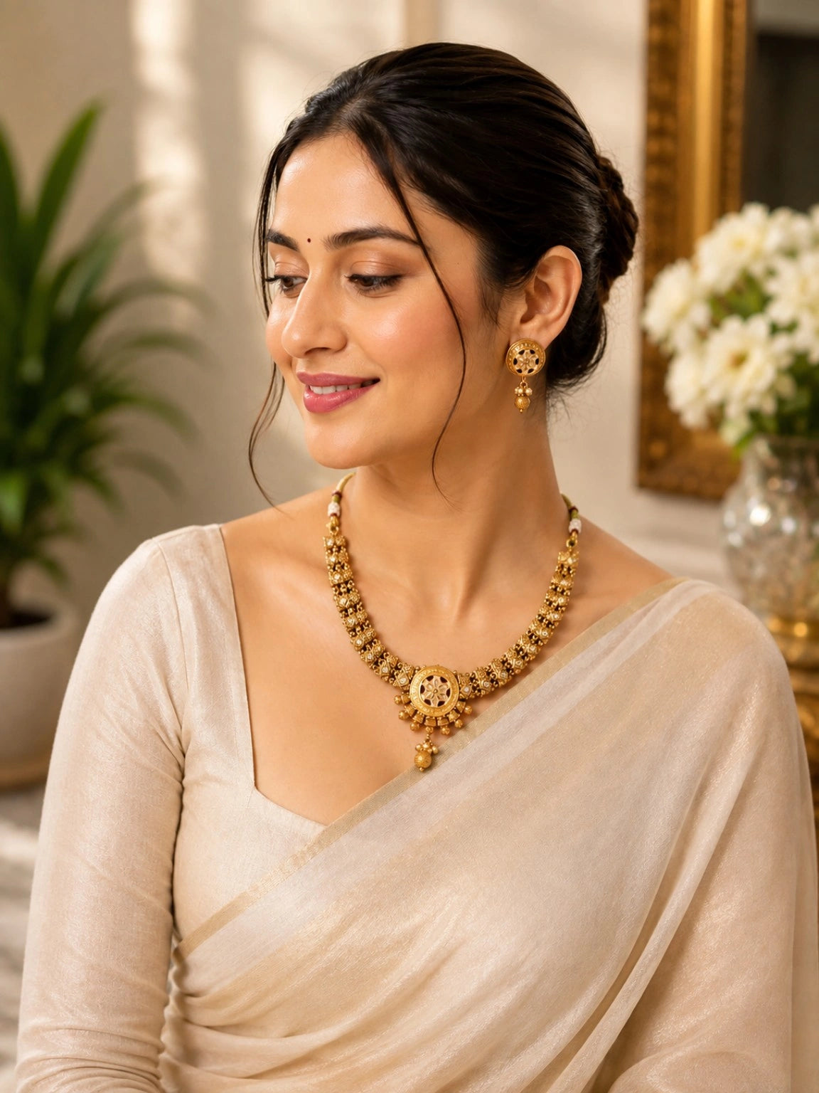 Gold-Tone Floral Motif Necklace Set with Clear Stone Accents & Drop Earrings