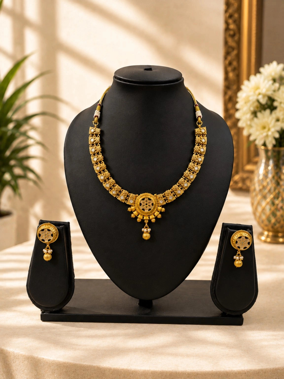 Gold-Tone Floral Motif Necklace Set with Clear Stone Accents & Drop Earrings