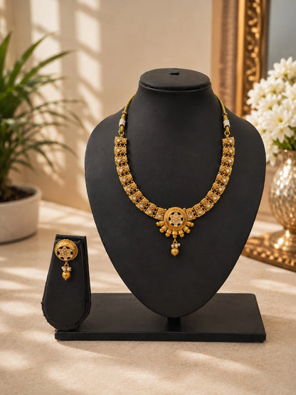Gold-Tone Floral Motif Necklace Set with Clear Stone Accents & Drop Earrings