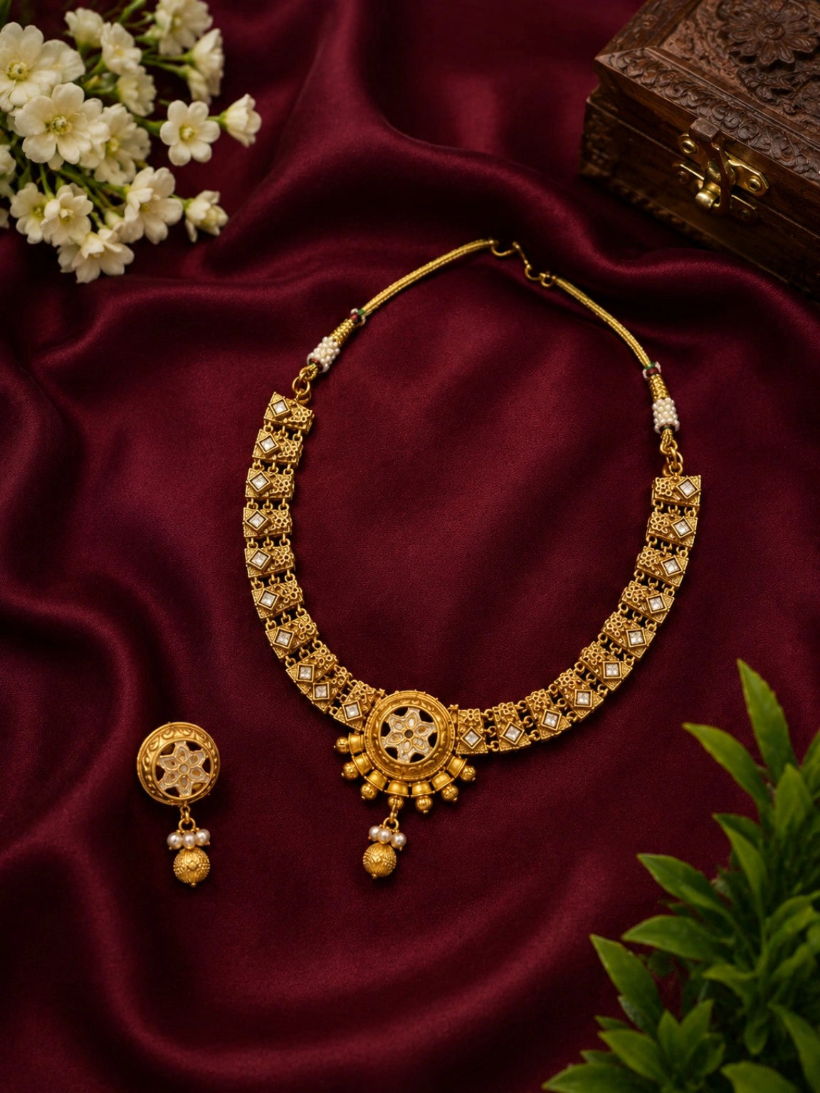 Gold-Tone Floral Motif Necklace Set with Clear Stone Accents & Drop Earrings
