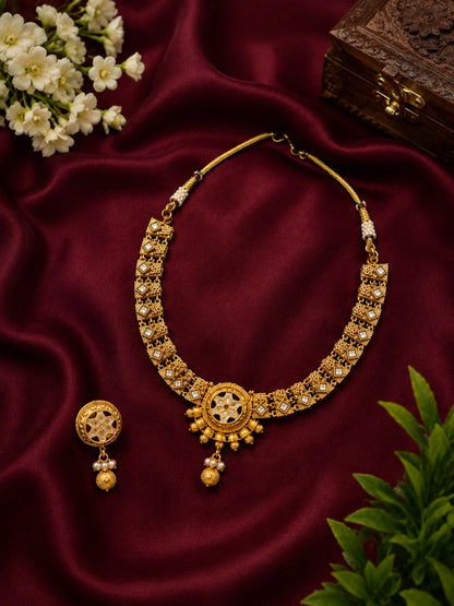 Gold-Tone Floral Motif Necklace Set with Clear Stone Accents & Drop Earrings