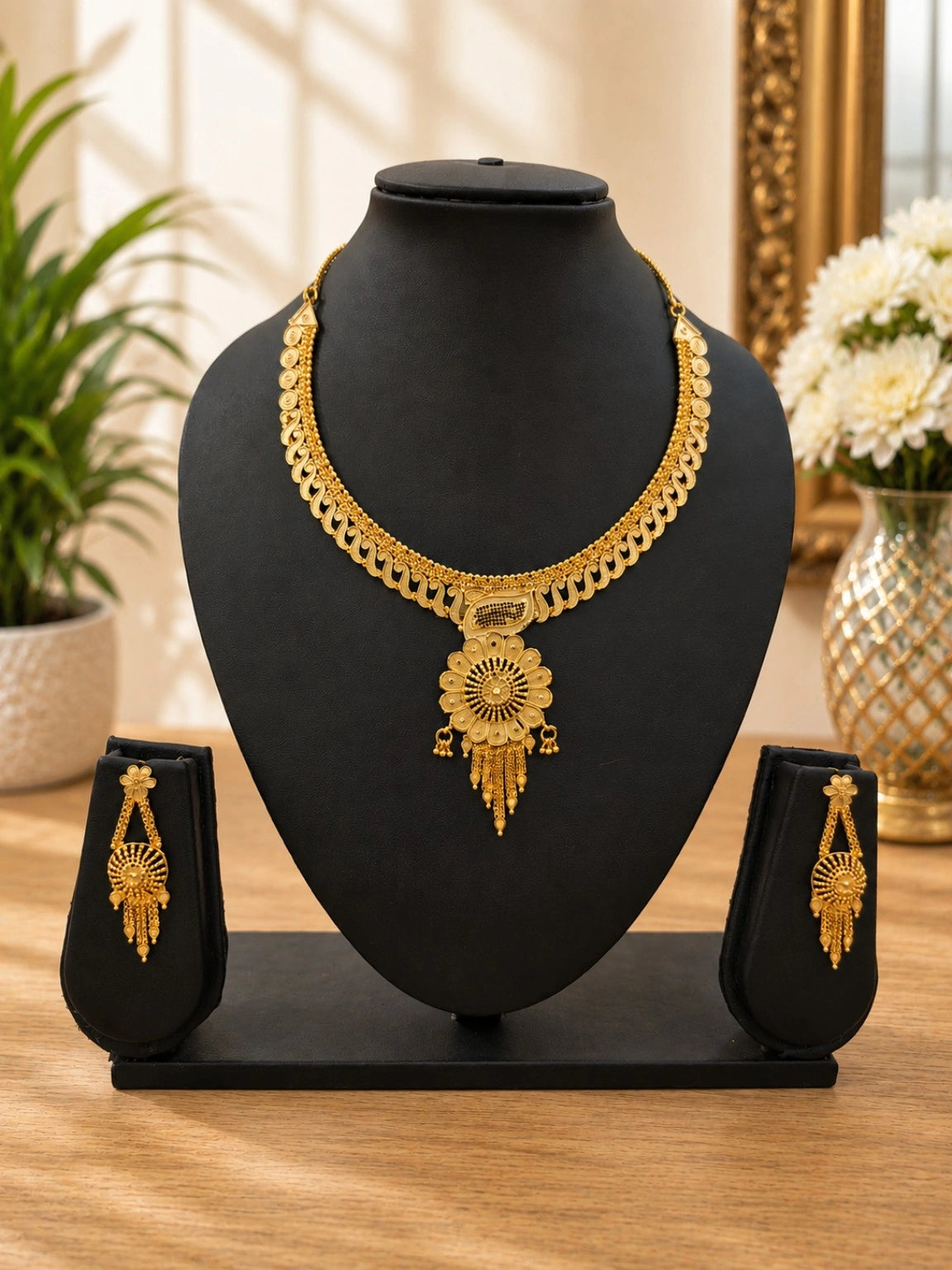 WEVOW Gold-Tone Floral Pendant Necklace Set with Matching Dangle Earrings | Traditional Ethnic Jewellery