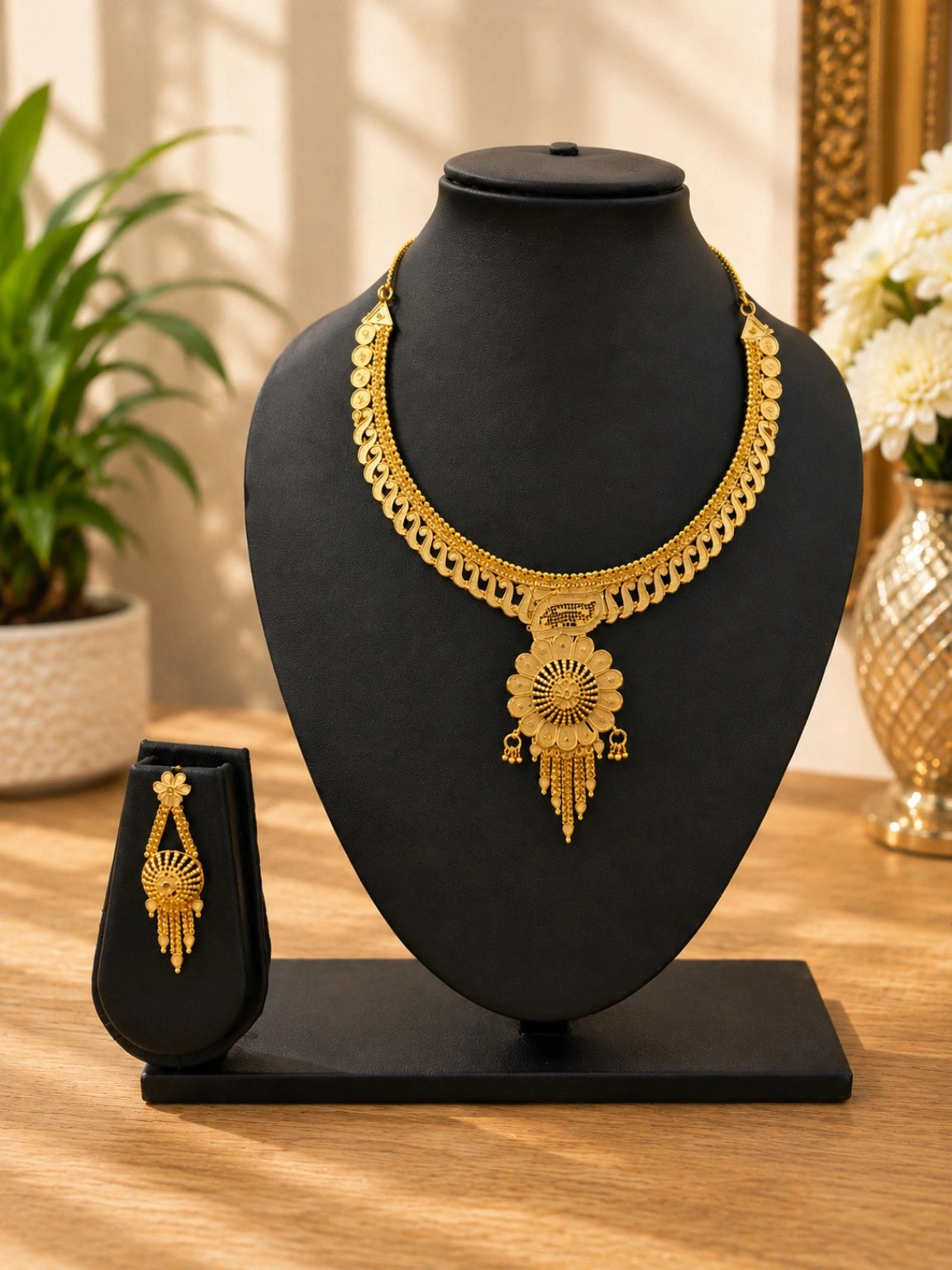 WEVOW Gold-Tone Floral Pendant Necklace Set with Matching Dangle Earrings | Traditional Ethnic Jewellery