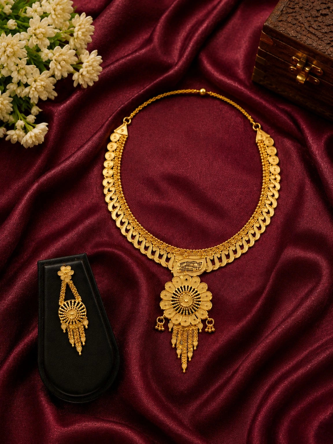 WEVOW Gold-Tone Floral Pendant Necklace Set with Matching Dangle Earrings | Traditional Ethnic Jewellery