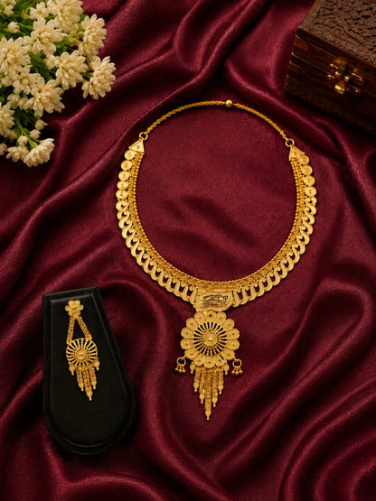 WEVOW Gold-Tone Floral Pendant Necklace Set with Matching Dangle Earrings | Traditional Ethnic Jewellery