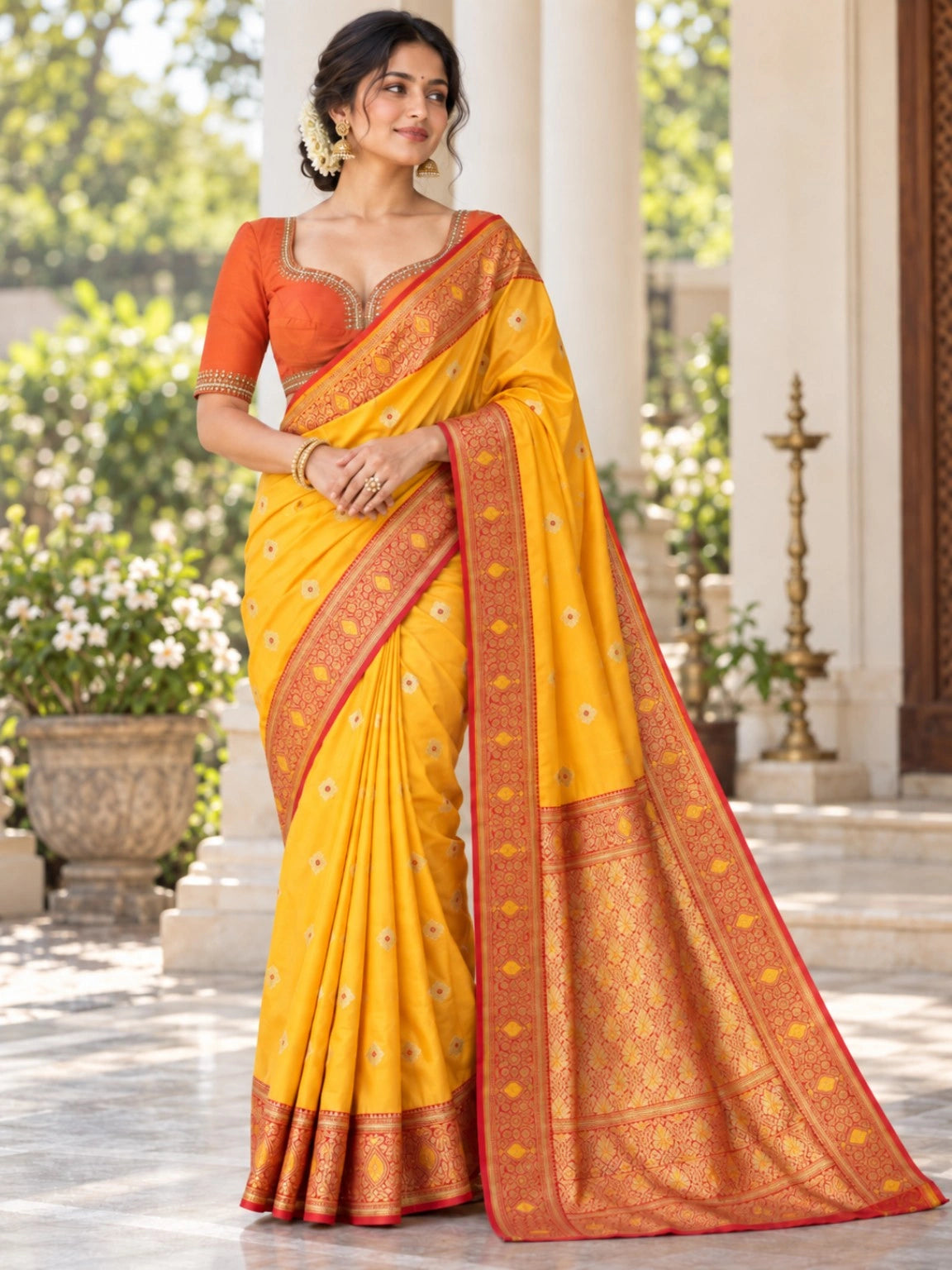 Mustard Yellow Semi Katan Big Buta Saree with Red Gold Woven Brocade Border