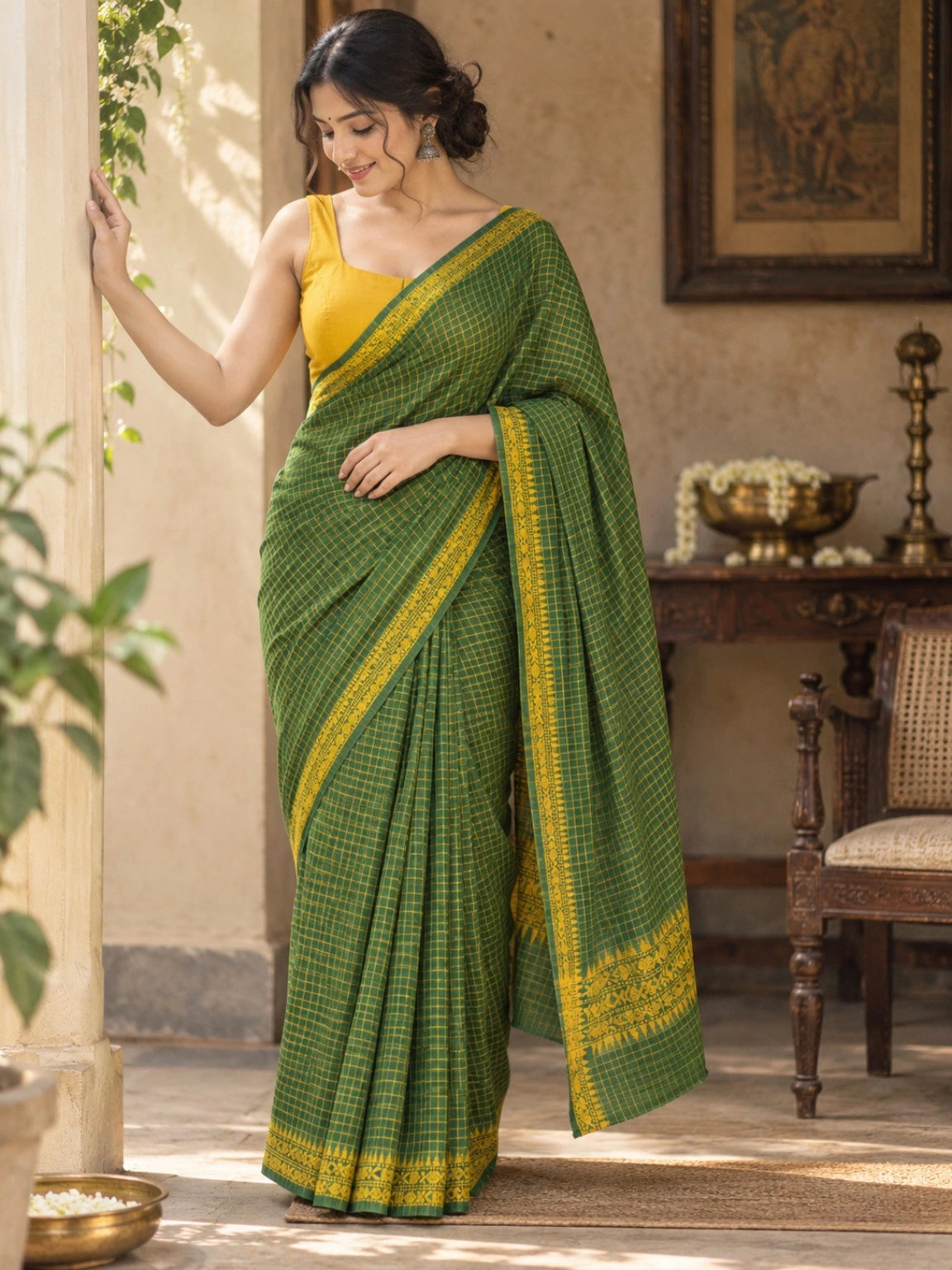 Bottle Green Pure Cotton Dhonekhali Check Saree with Mustard Yellow Woven Border