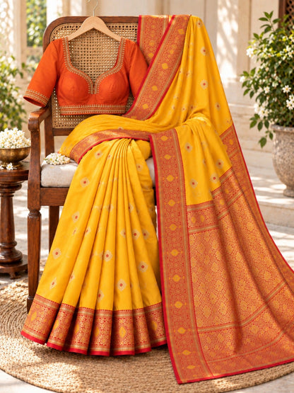 Mustard Yellow Semi Katan Big Buta Saree with Red Gold Woven Brocade Border