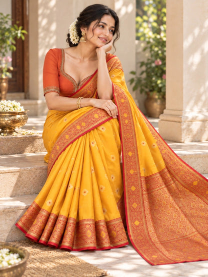 Mustard Yellow Semi Katan Big Buta Saree with Red Gold Woven Brocade Border