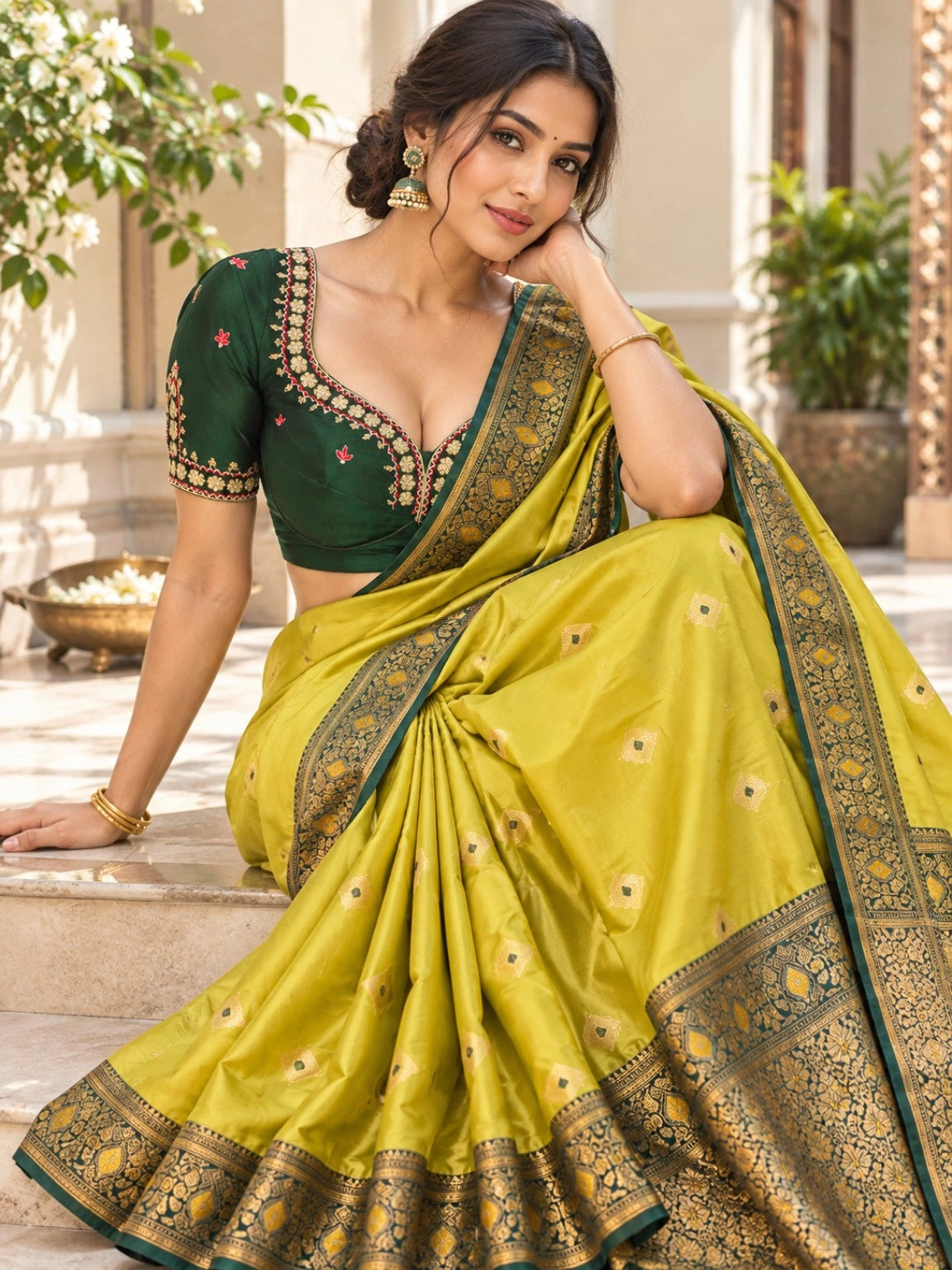 Lime Yellow Semi Katan Big Buta Kanji Saree with Ornate Woven Border