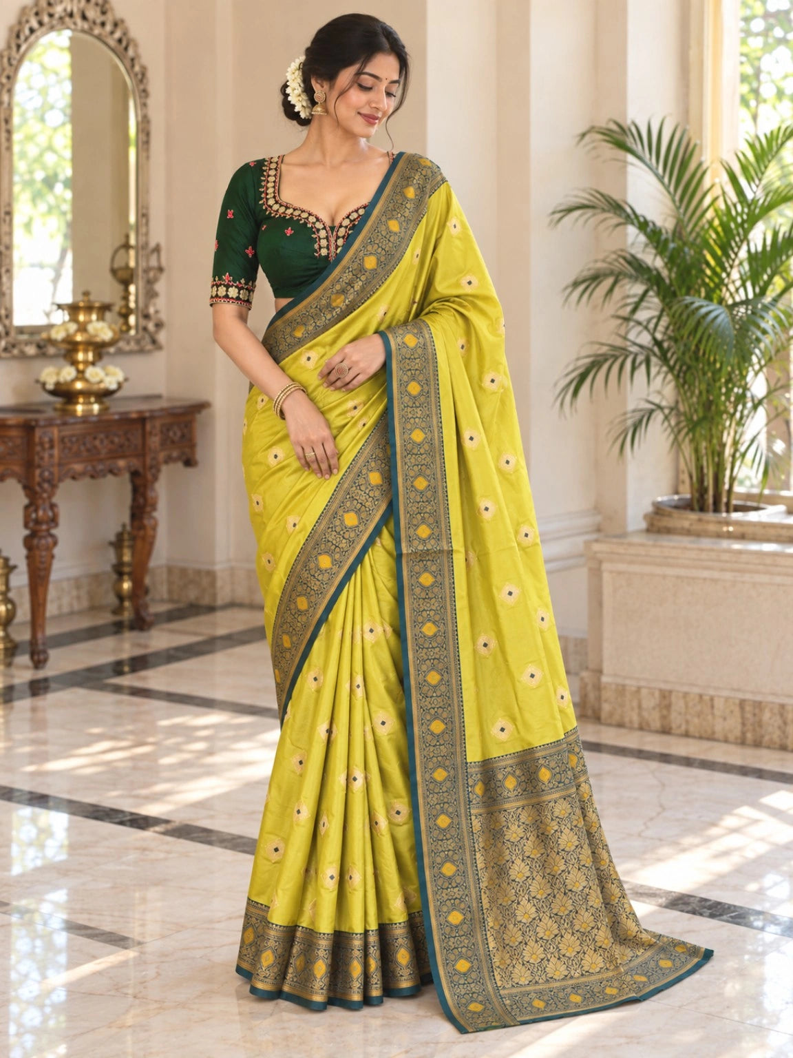 Lime Yellow Semi Katan Big Buta Kanji Saree with Ornate Woven Border