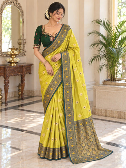 Lime Yellow Semi Katan Big Buta Kanji Saree with Ornate Woven Border