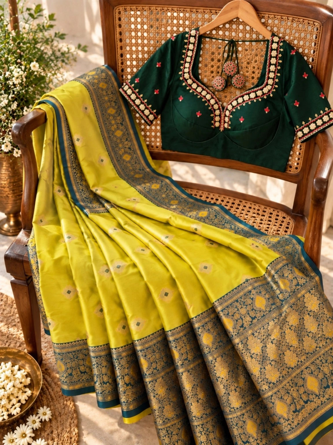 Lime Yellow Semi Katan Big Buta Kanji Saree with Ornate Woven Border