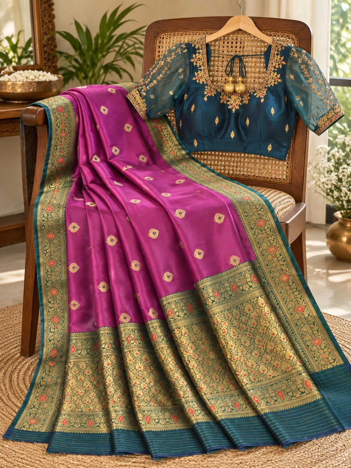 Magenta Semi Katan Silk Big Buta Kanji Saree with Teal Green Zari Floral Border