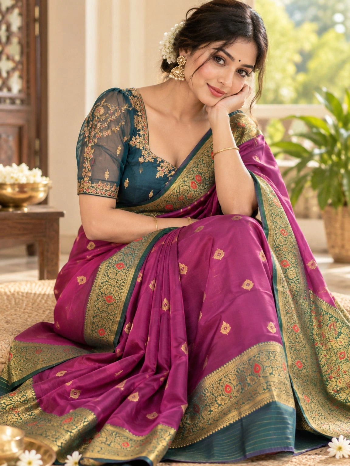 Magenta Semi Katan Silk Big Buta Kanji Saree with Teal Green Zari Floral Border