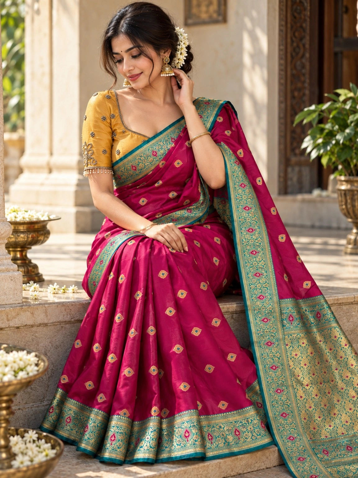 Rani Pink Semi Katan Saree with Teal Zari Border & Big Buta Motifs