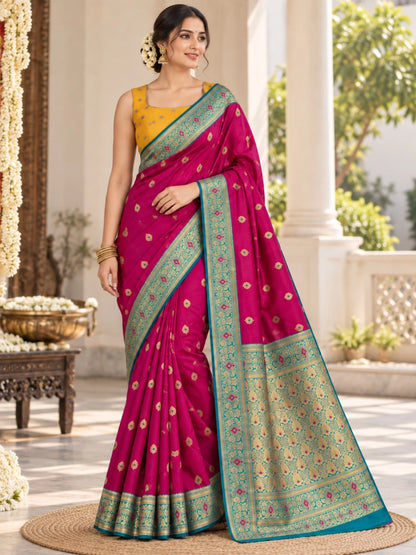 Rani Pink Semi Katan Saree with Teal Zari Border & Big Buta Motifs