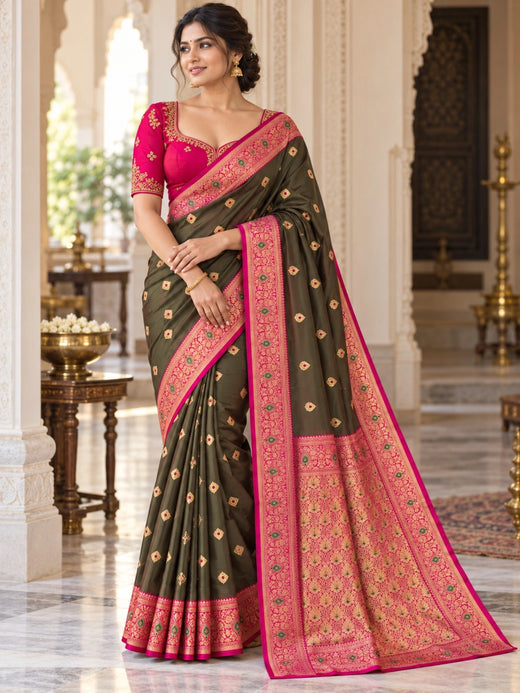 Semi Katan Silk Dark Olive & Rani Pink Big Buta Zari Saree with Ornate Woven Border
