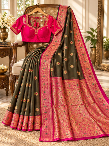 Semi Katan Silk Dark Olive & Rani Pink Big Buta Zari Saree with Ornate Woven Border