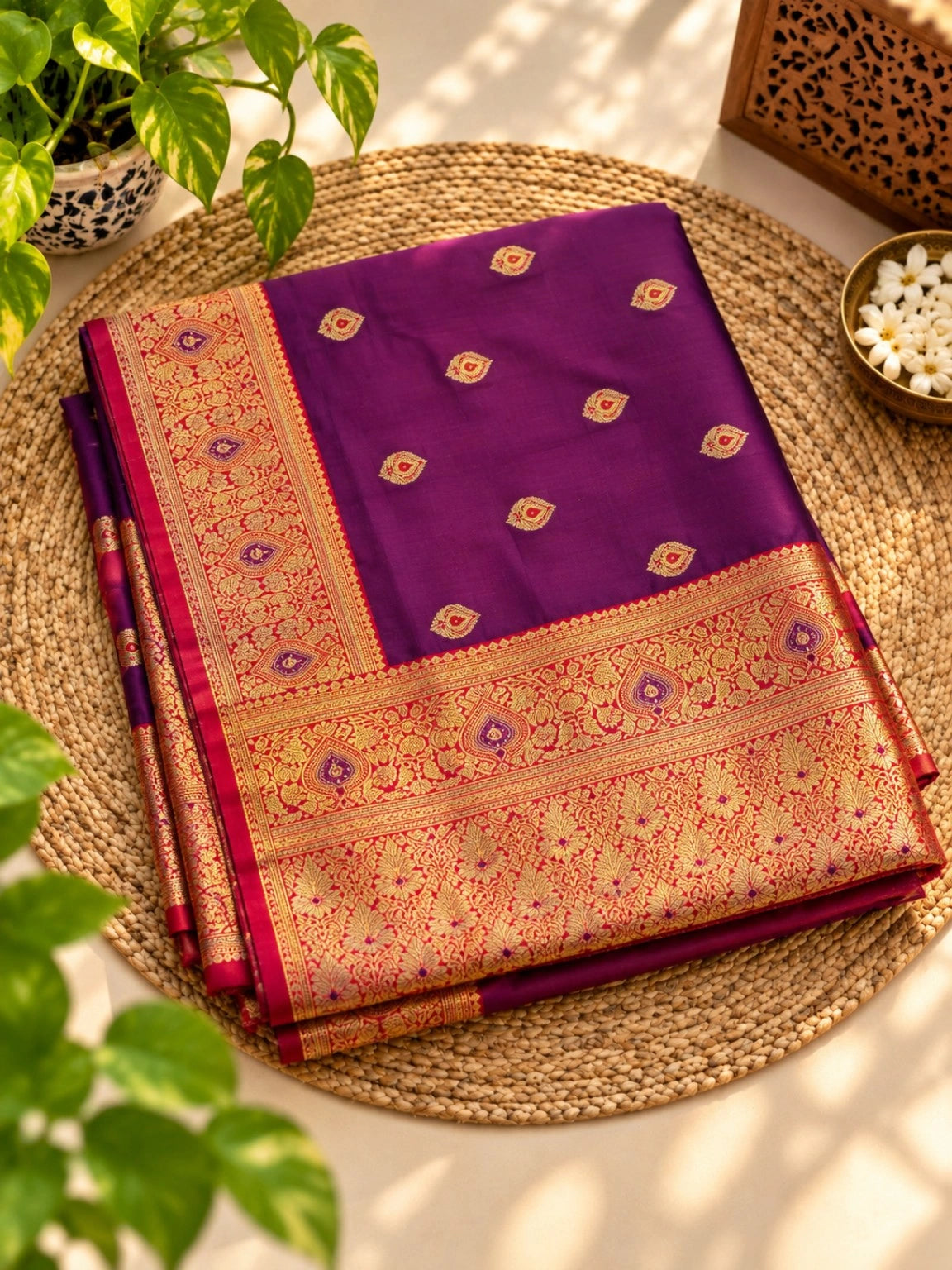 Purple Semi Katan Big Buta Kanji Saree with Red Gold Zari Border