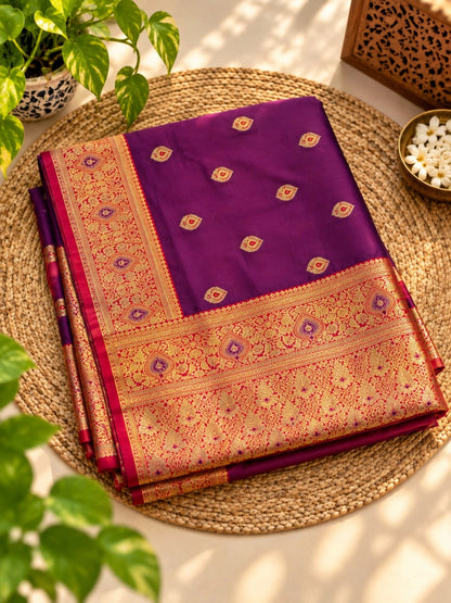 Purple Semi Katan Big Buta Kanji Saree with Red Gold Zari Border