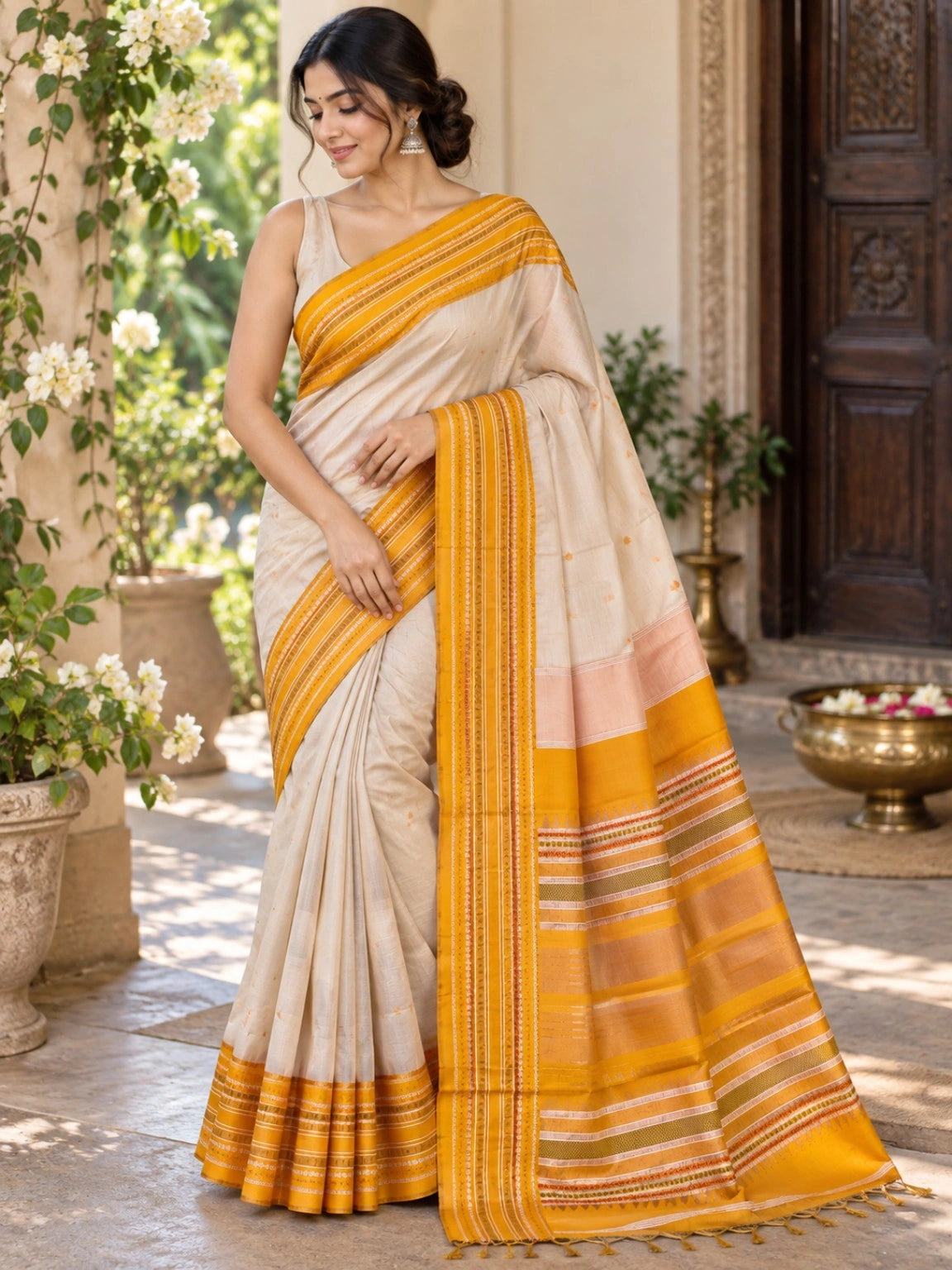 Ivory & Mustard Yellow Assam Silk Saree with Traditional Woven Striped Border