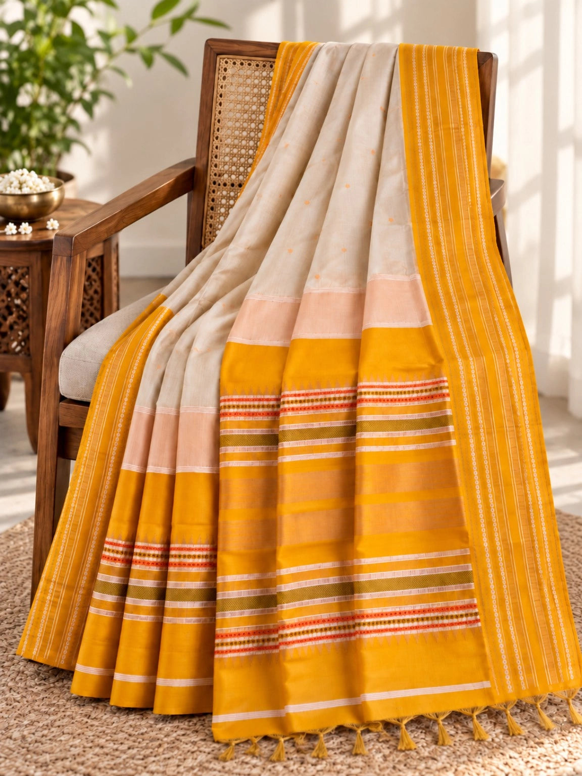 Ivory & Mustard Yellow Assam Silk Saree with Traditional Woven Striped Border