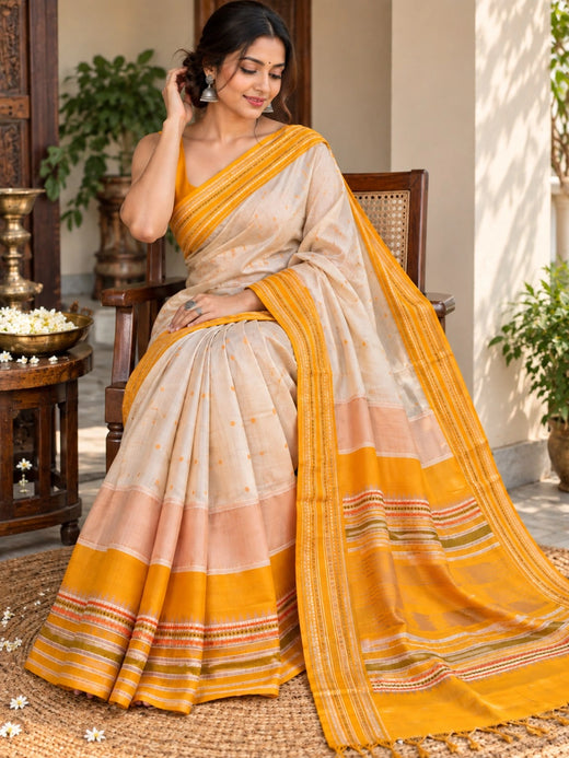 Ivory & Mustard Yellow Assam Silk Saree with Traditional Woven Striped Border