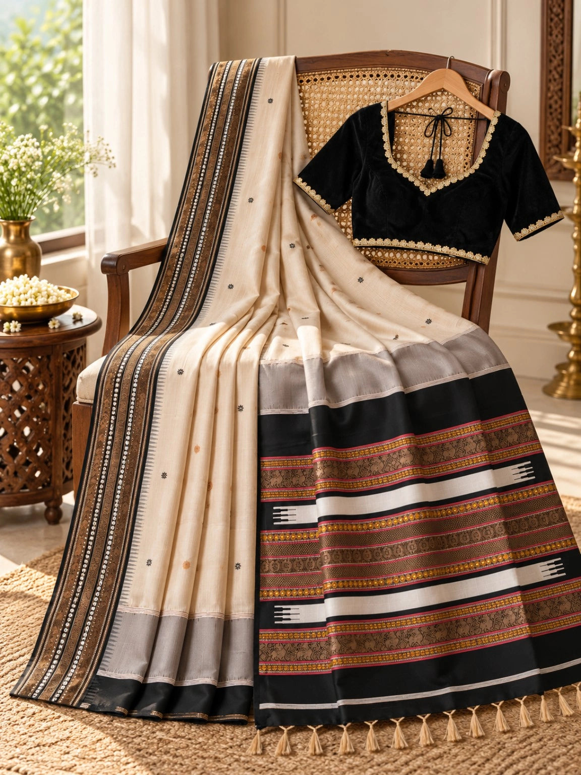 Assam Silk Cream Saree with Black Brown Woven Border & Traditional Motif Pallu