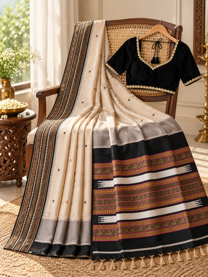 Assam Silk Cream Saree with Black Brown Woven Border & Traditional Motif Pallu