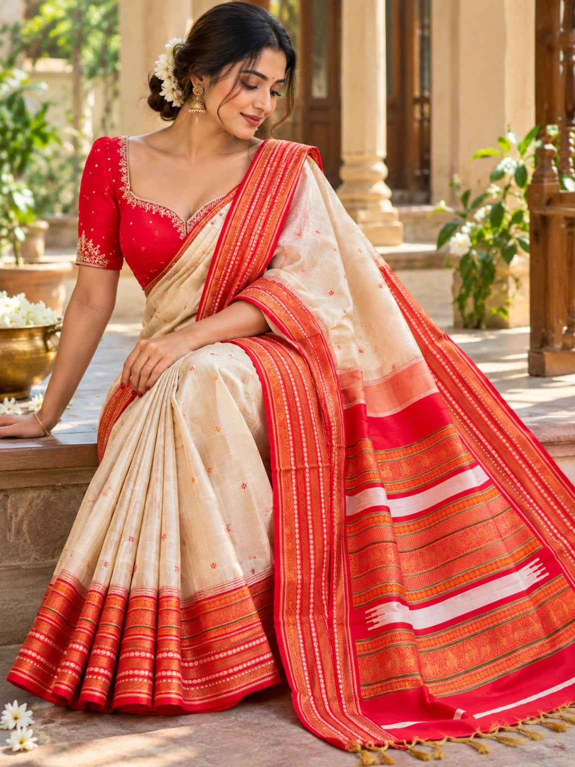 Cream & Red Assam Silk Saree with Traditional Woven Border and Buti Motifs