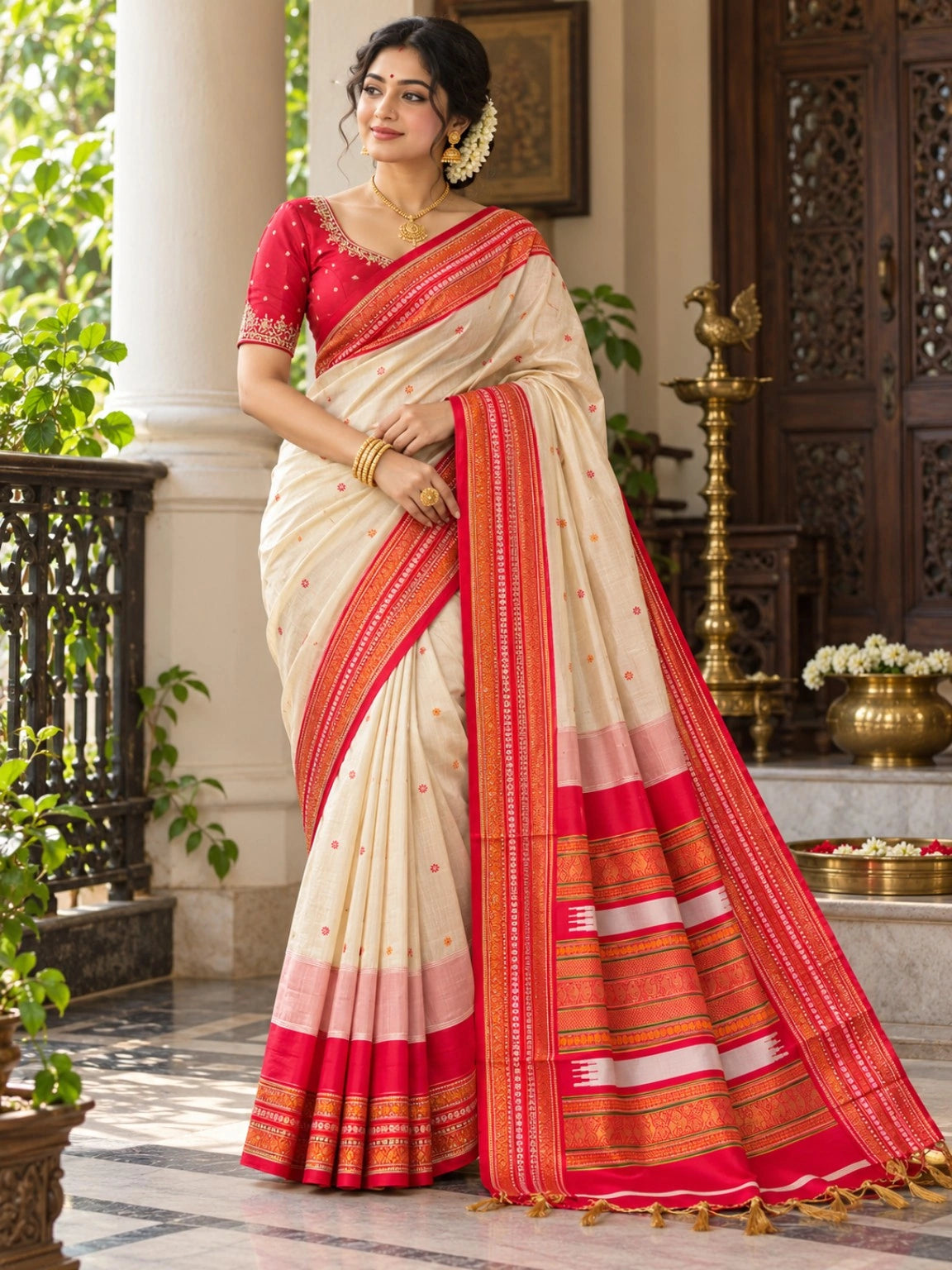 Cream & Red Assam Silk Saree with Traditional Woven Border and Buti Motifs