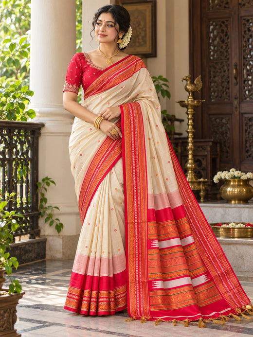 Cream & Red Assam Silk Saree with Traditional Woven Border and Buti Motifs