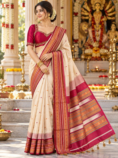 Ivory & maroon Assam Silk Saree with Traditional Woven Border and Buti Motifs