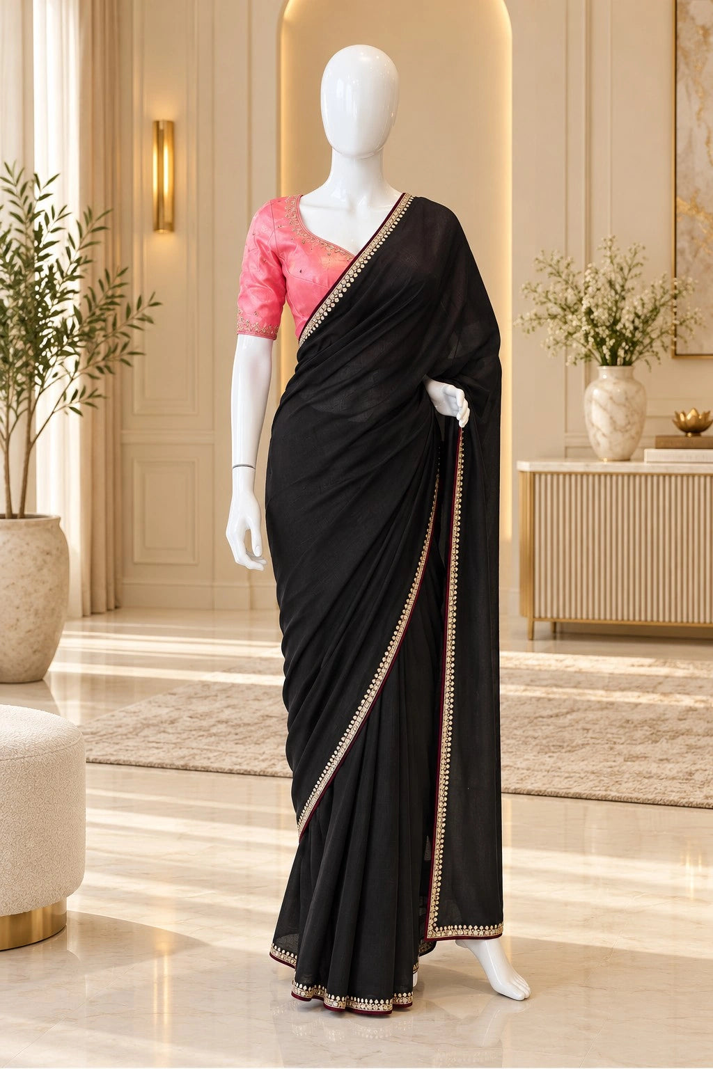 Black Vichitra Silk Saree with AD Stone Work Border