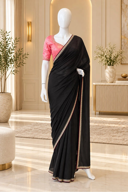 Black Vichitra Silk Saree with AD Stone Work Border