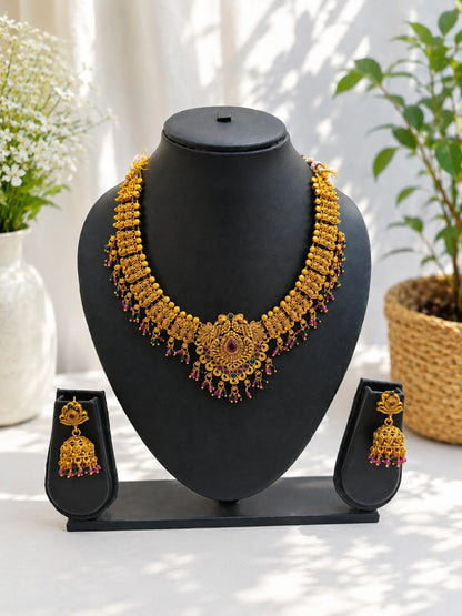 Gold-Tone Traditional Necklace Set with Floral Pendant & Multicolour Bead Detailing