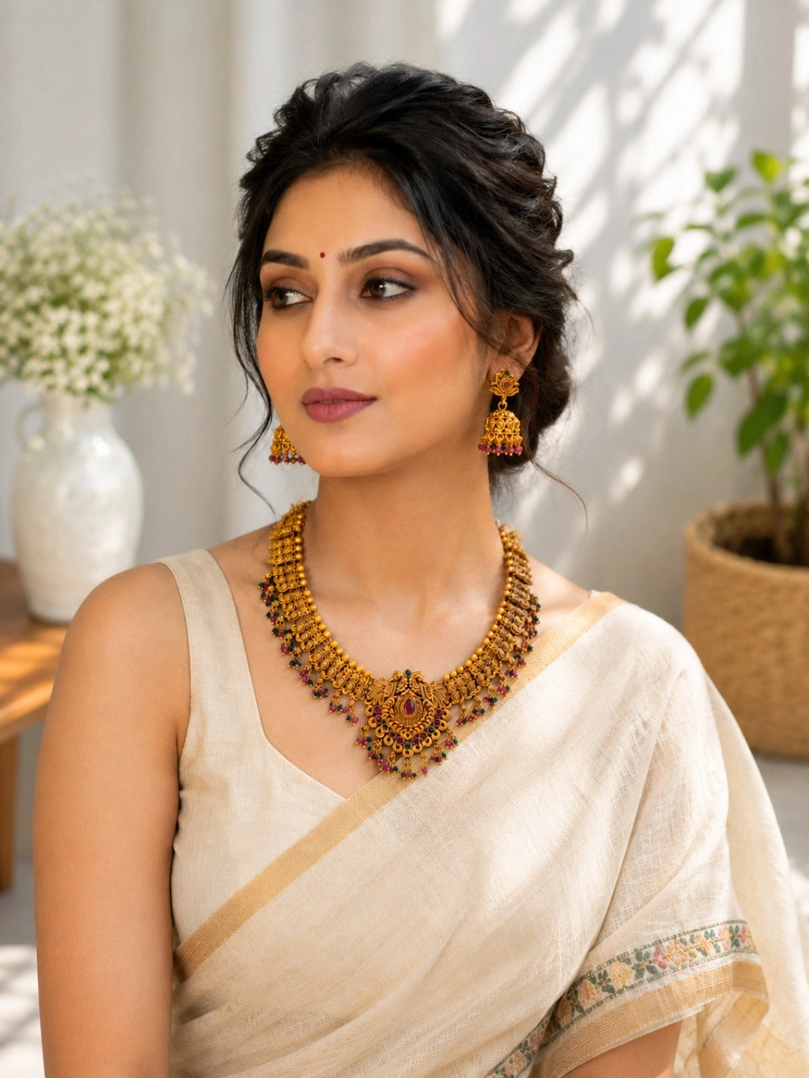 Gold-Tone Traditional Necklace Set with Floral Pendant & Multicolour Bead Detailing