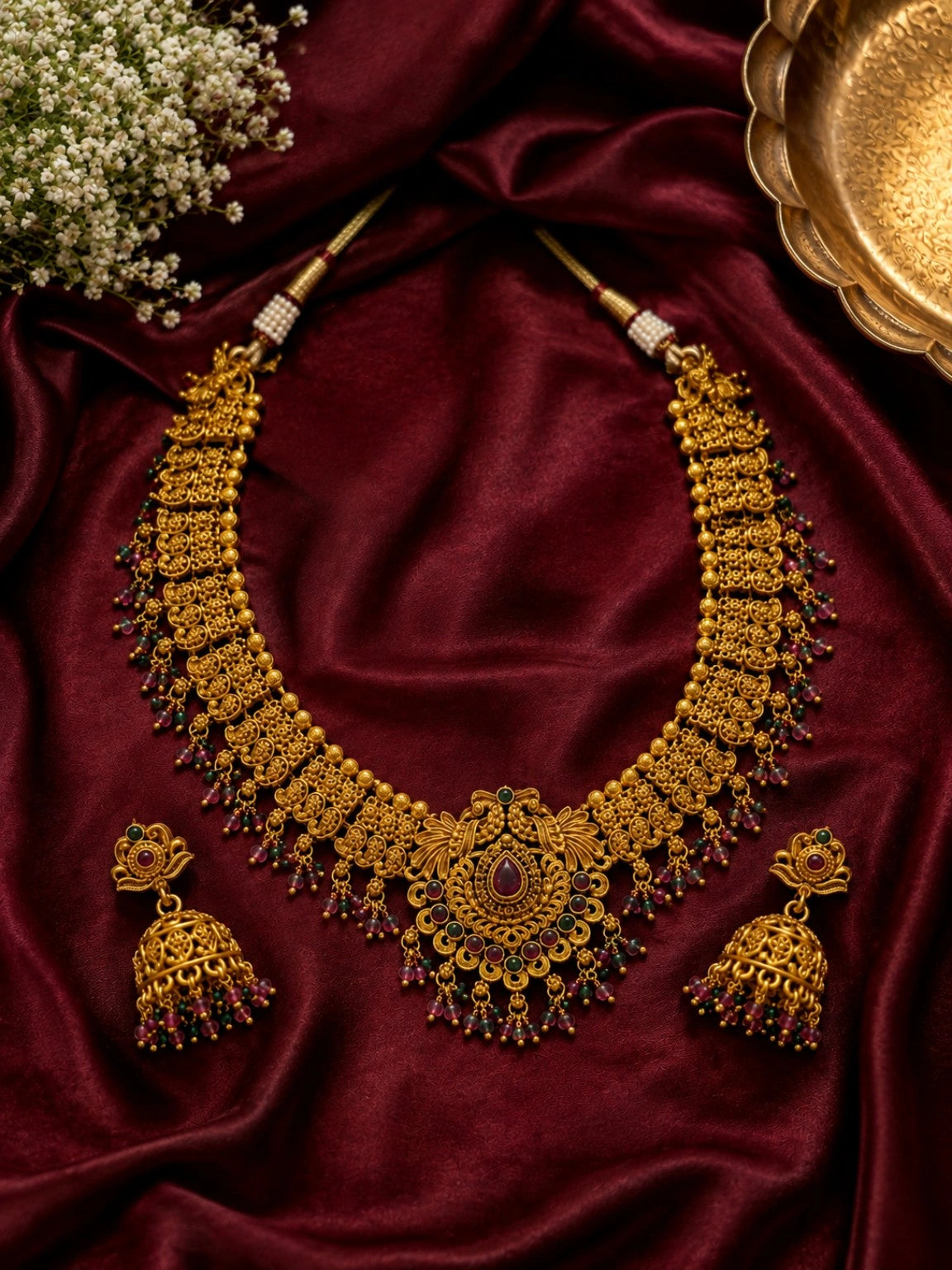 Gold-Tone Traditional Necklace Set with Floral Pendant & Multicolour Bead Detailing