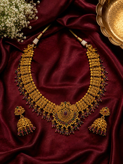 Gold-Tone Traditional Necklace Set with Floral Pendant & Multicolour Bead Detailing