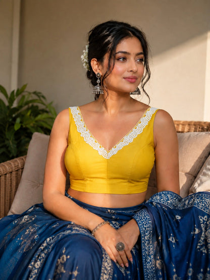 Yellow Pure Cotton Air Neck Thread Embroidered Floral Sleeveless Blouse