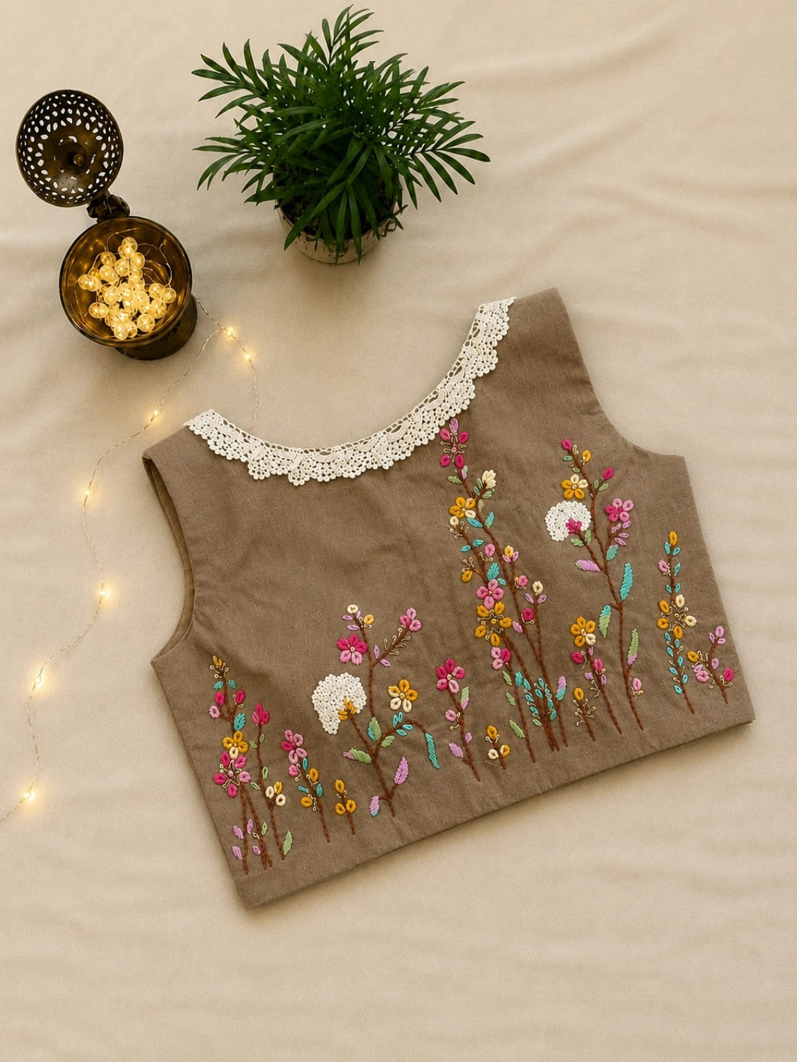 Pure Cotton Beige Air-Neck Thread Blouse with White Lace V-Neck & Sleeveless Design
