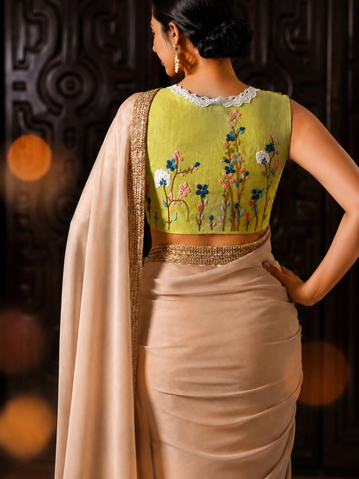 Pure Cotton Air-Neck Thread Embroidered Olive Green Sleeveless Blouse