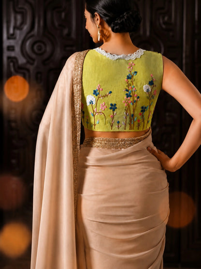 Pure Cotton Air-Neck Thread Embroidered Olive Green Sleeveless Blouse