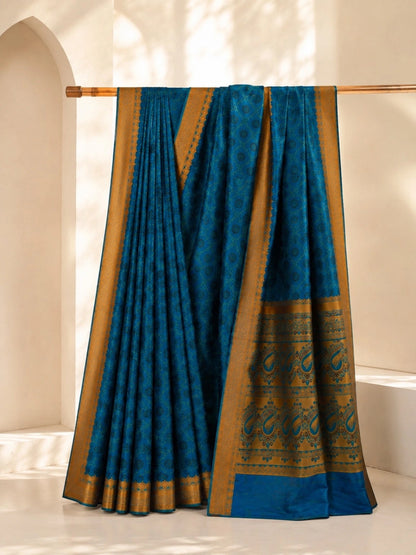 Handloom Cotton Saree in Deep Blue with Intricate Golden Paisley Border